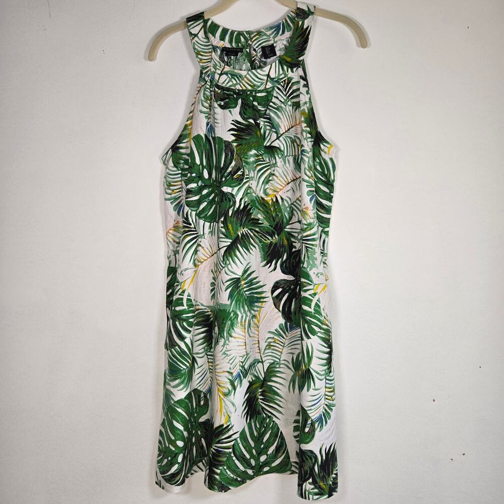 TAHARI 100% LINEN SUNDRESS Size M Coastal Palm Print Tropical Halter Dress